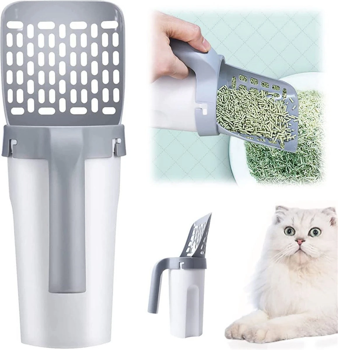 YELÉ LIVING – Kattenbakschep – Haarverwijderaar - Cat Litter Scoop – Kattenbakschep Met Container – Katten – Kattenbak – Grijs/wit – Kattenbak Schep – Grind – Kattengrind – Kattenbak Grind – Poep Zakjes – Afvalcontainer - All-in-1 Kattenbakschep 3 YELÉ LIVING – Kattenbakschep – Haarverwijderaar - Cat Litter Scoop – Kattenbakschep Met Container – Katten – Kattenbak – Grijs/wit – Kattenbak Schep – Grind – Kattengrind – Kattenbak Grind – Poep Zakjes – Afvalcontainer - All-in-1 Kattenbakschep - Afbeelding 2