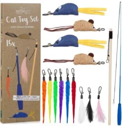 PRETTY KITTY Cat Toy Set Vegan: Grote 15-delige Kattenspeelset Met Kattenhengel, Nepveren En Kattenkruid Speelgoed Kat