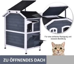 PawHut Kattenhuis Voor Buiten Kattenhut Met 2 Verdiepingen Kattenvilla, Asfaltdak, Massief Hout Grijs D30-236 22 PawHut Kattenhuis Voor Buiten Kattenhut Met 2 Verdiepingen Kattenvilla, Asfaltdak, Massief Hout Grijs D30-236 -Kattenproducten 1200x1026 1