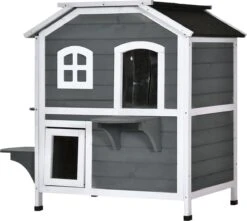 PawHut Kattenhuis Voor Buiten Kattenhut Met 2 Verdiepingen Kattenvilla, Asfaltdak, Massief Hout Grijs D30-236 18 PawHut Kattenhuis Voor Buiten Kattenhut Met 2 Verdiepingen Kattenvilla, Asfaltdak, Massief Hout Grijs D30-236 -Kattenproducten 1200x1074 4