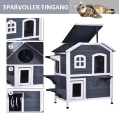 PawHut Kattenhuis Voor Buiten Kattenhut Met 2 Verdiepingen Kattenvilla, Asfaltdak, Massief Hout Grijs D30-236 19 PawHut Kattenhuis Voor Buiten Kattenhut Met 2 Verdiepingen Kattenvilla, Asfaltdak, Massief Hout Grijs D30-236 -Kattenproducten 1200x1130 3