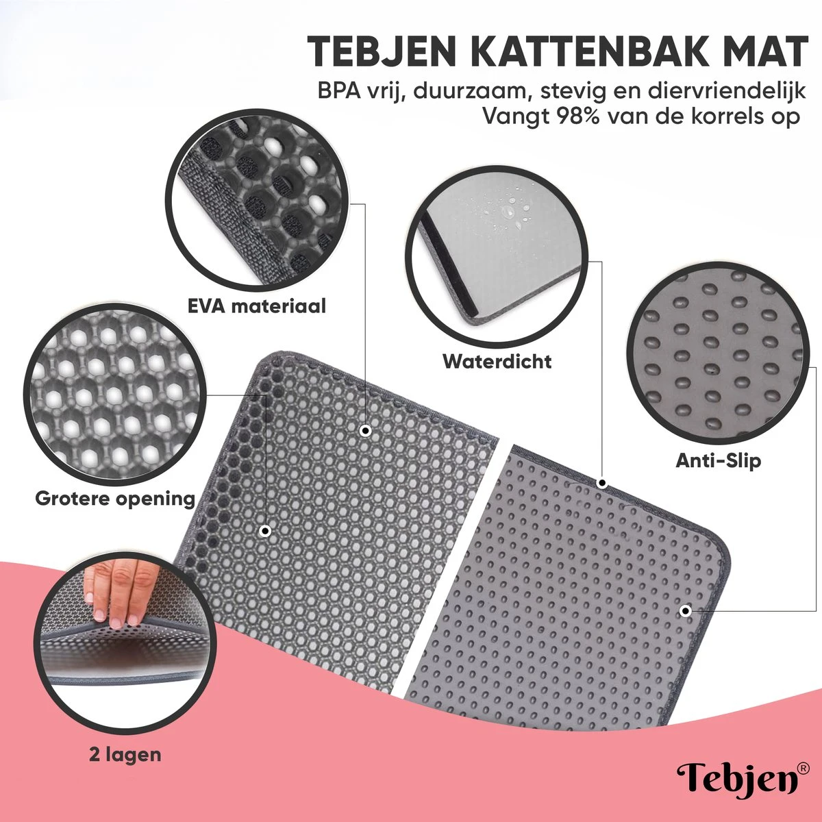 TEBJEN Kattenbakmat – Kattenbak Mat Grit Opvanger - Schoonloop Katten Mat – Dubbele Waterdichte Laag – Uitloopmat Kattenbak – Kattenbak Accessoires - Met Speelgoedmuisje En Schepje - 30cm * 30cm 4 TEBJEN Kattenbakmat – Kattenbak Mat Grit Opvanger - Schoonloop Katten Mat – Dubbele Waterdichte Laag – Uitloopmat Kattenbak – Kattenbak Accessoires - Met Speelgoedmuisje En Schepje - 30cm * 30cm - Afbeelding 2