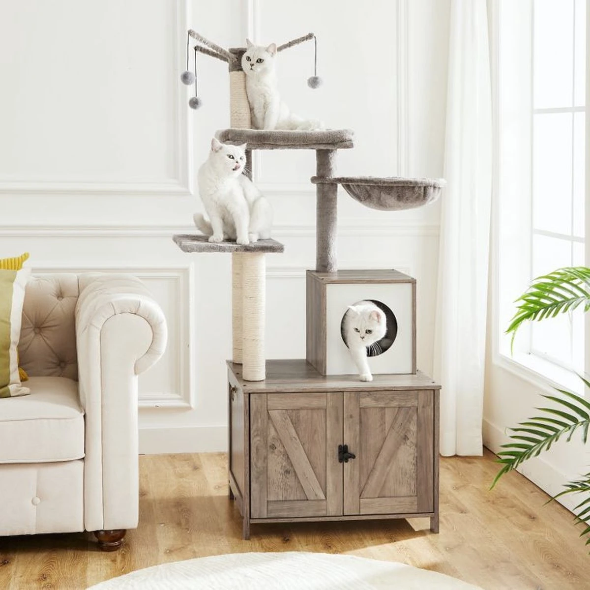 Signature Home Catty Krabpaal Met Kattenbak - Kattenbakkast - Kattenhuis Met Deur En Slot - Krabpalen Met Hangmat Mand Katten Huis - Kattenbakmeubel Verborgen - Alles-in-één Kattenspeelgoed Met Kattenhuis - Grijs - 60cm X 150cm X 48cm 7 Signature Home Catty Krabpaal Met Kattenbak - Kattenbakkast - Kattenhuis Met Deur En Slot - Krabpalen Met Hangmat Mand Katten Huis - Kattenbakmeubel Verborgen - Alles-in-één Kattenspeelgoed Met Kattenhuis - Grijs - 60cm X 150cm X 48cm - Afbeelding 5