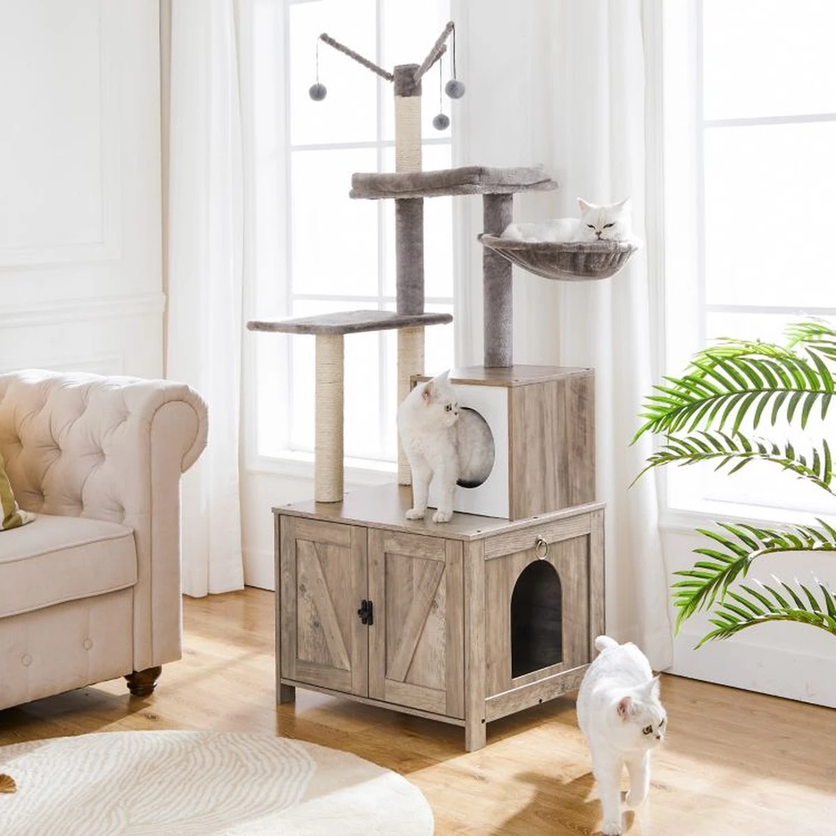 Signature Home Catty Krabpaal Met Kattenbak - Kattenbakkast - Kattenhuis Met Deur En Slot - Krabpalen Met Hangmat Mand Katten Huis - Kattenbakmeubel Verborgen - Alles-in-één Kattenspeelgoed Met Kattenhuis - Grijs - 60cm X 150cm X 48cm 9 Signature Home Catty Krabpaal Met Kattenbak - Kattenbakkast - Kattenhuis Met Deur En Slot - Krabpalen Met Hangmat Mand Katten Huis - Kattenbakmeubel Verborgen - Alles-in-één Kattenspeelgoed Met Kattenhuis - Grijs - 60cm X 150cm X 48cm - Afbeelding 7