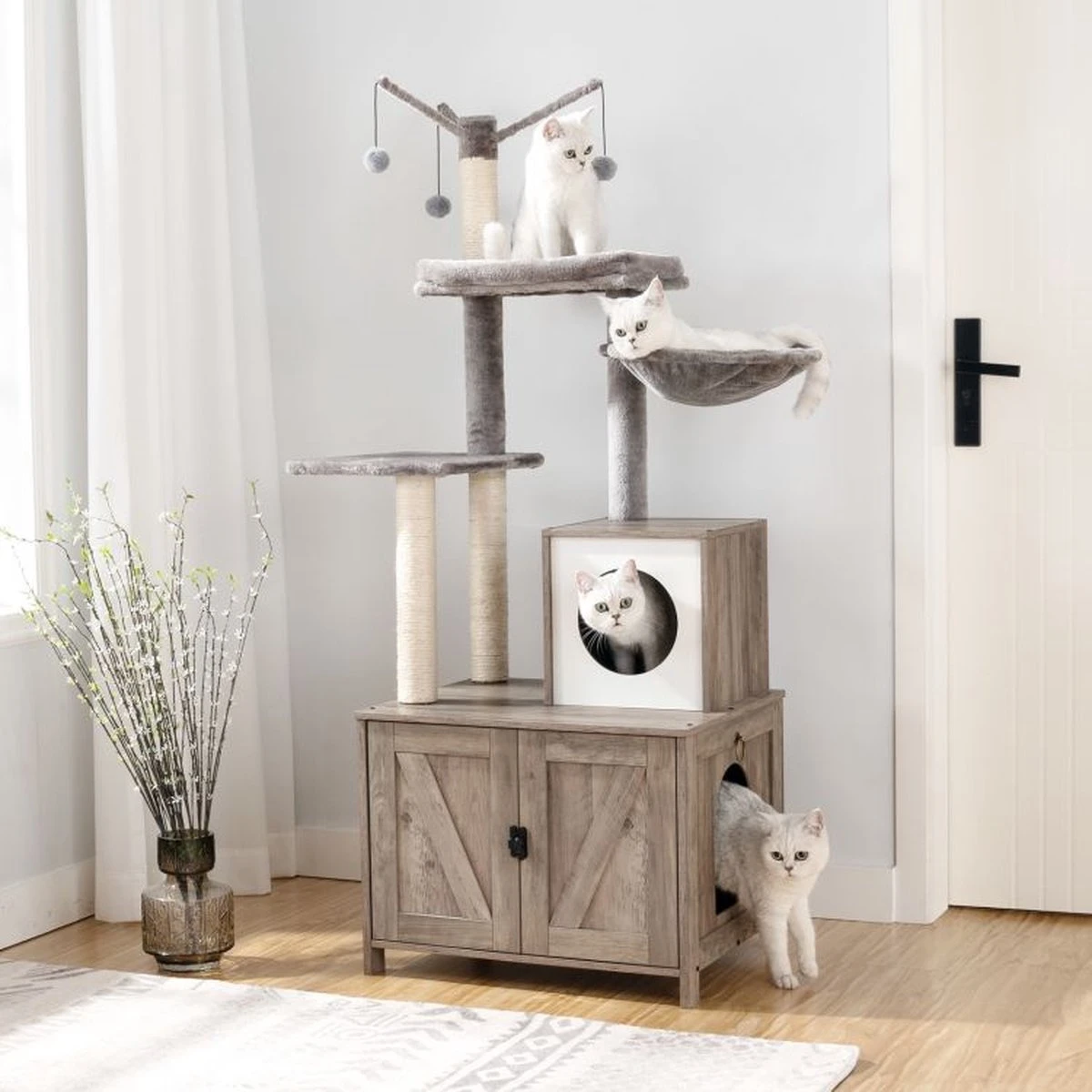 Signature Home Catty Krabpaal Met Kattenbak - Kattenbakkast - Kattenhuis Met Deur En Slot - Krabpalen Met Hangmat Mand Katten Huis - Kattenbakmeubel Verborgen - Alles-in-één Kattenspeelgoed Met Kattenhuis - Grijs - 60cm X 150cm X 48cm 11 Signature Home Catty Krabpaal Met Kattenbak - Kattenbakkast - Kattenhuis Met Deur En Slot - Krabpalen Met Hangmat Mand Katten Huis - Kattenbakmeubel Verborgen - Alles-in-één Kattenspeelgoed Met Kattenhuis - Grijs - 60cm X 150cm X 48cm - Afbeelding 9