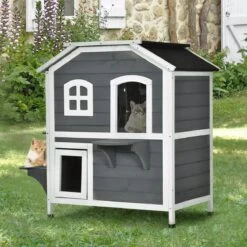 PawHut Kattenhuis Voor Buiten Kattenhut Met 2 Verdiepingen Kattenvilla, Asfaltdak, Massief Hout Grijs D30-236 14 PawHut Kattenhuis Voor Buiten Kattenhut Met 2 Verdiepingen Kattenvilla, Asfaltdak, Massief Hout Grijs D30-236 -Kattenproducten 1200x1200 974
