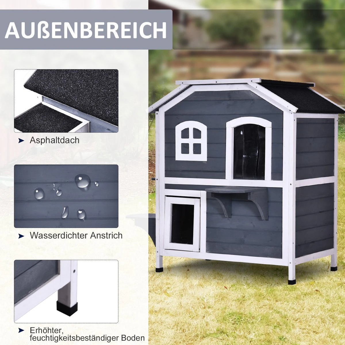 PawHut Kattenhuis Voor Buiten Kattenhut Met 2 Verdiepingen Kattenvilla, Asfaltdak, Massief Hout Grijs D30-236 11 PawHut Kattenhuis Voor Buiten Kattenhut Met 2 Verdiepingen Kattenvilla, Asfaltdak, Massief Hout Grijs D30-236 - Afbeelding 9