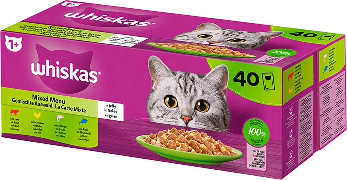 Whiskas Nat Kattenvoer 'Mixed Menu' In Gelei MEGAPACK - Rund, Kip, Zalm & Tonijn - 40 X 85g 4 Whiskas Nat Kattenvoer 'Mixed Menu' In Gelei MEGAPACK - Rund, Kip, Zalm & Tonijn - 40 X 85g - Afbeelding 2