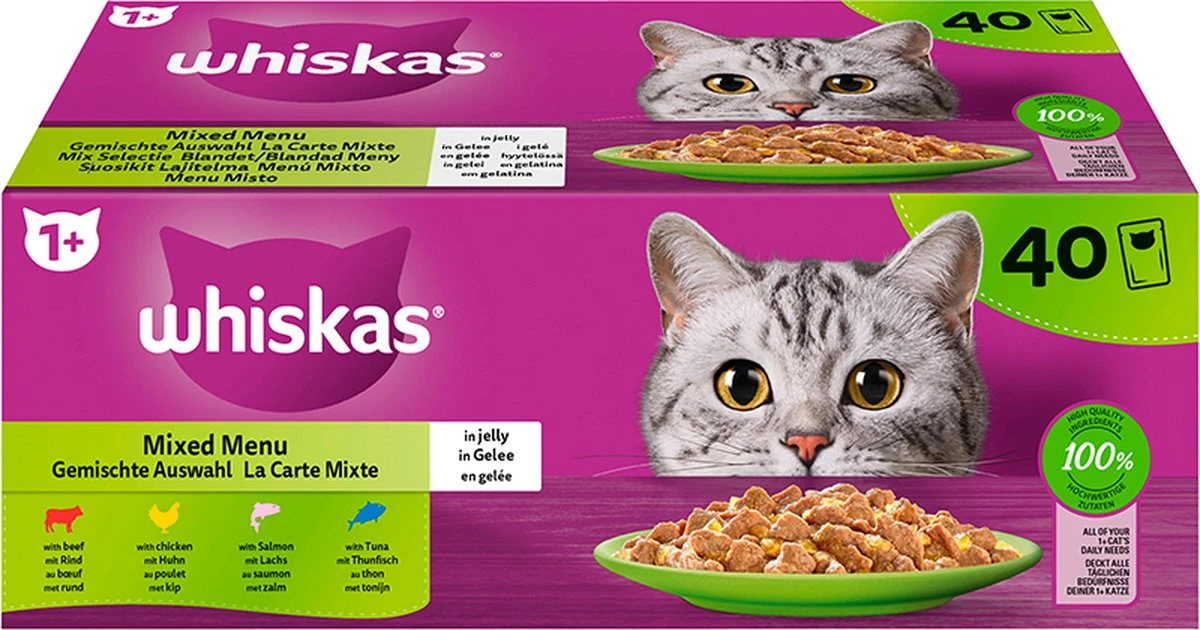 Whiskas Nat Kattenvoer 'Mixed Menu' In Gelei MEGAPACK - Rund, Kip, Zalm & Tonijn - 40 X 85g 3 Whiskas Nat Kattenvoer 'Mixed Menu' In Gelei MEGAPACK - Rund, Kip, Zalm & Tonijn - 40 X 85g