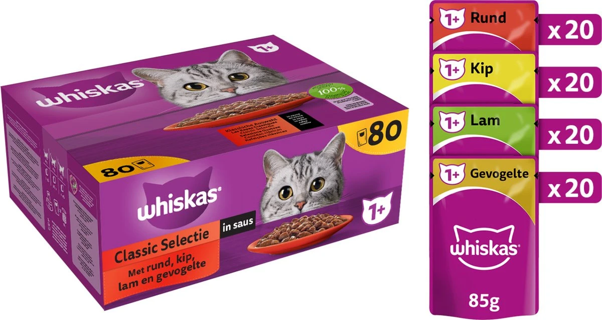 Whiskas 1+ Natvoer - Classic - Selectie In Saus - Maaltijdzakjes 80 X 85 G 3 Whiskas 1+ Natvoer - Classic - Selectie In Saus - Maaltijdzakjes 80 X 85 G