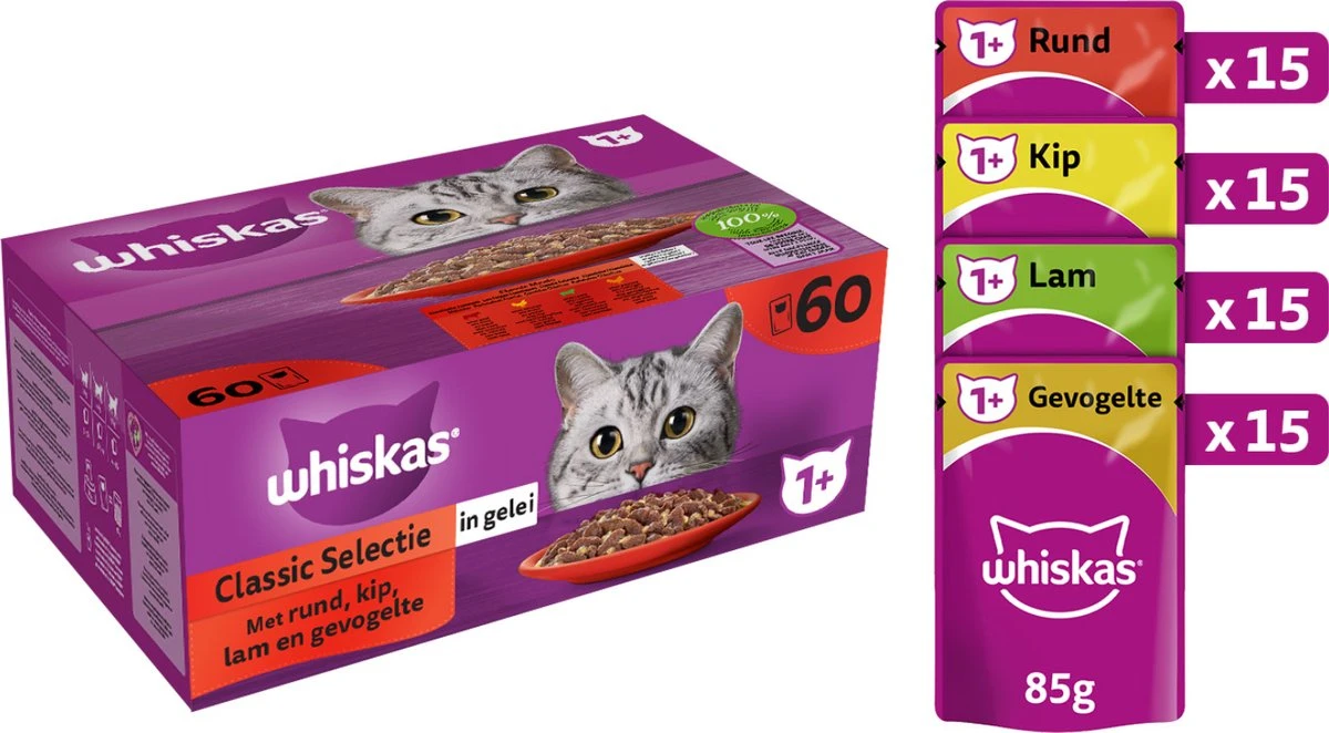 Whiskas 1+ Natvoer - Classic - Selectie In Gelei - Maaltijdzakjes 60 X 85 G 3 Whiskas 1+ Natvoer - Classic - Selectie In Gelei - Maaltijdzakjes 60 X 85 G