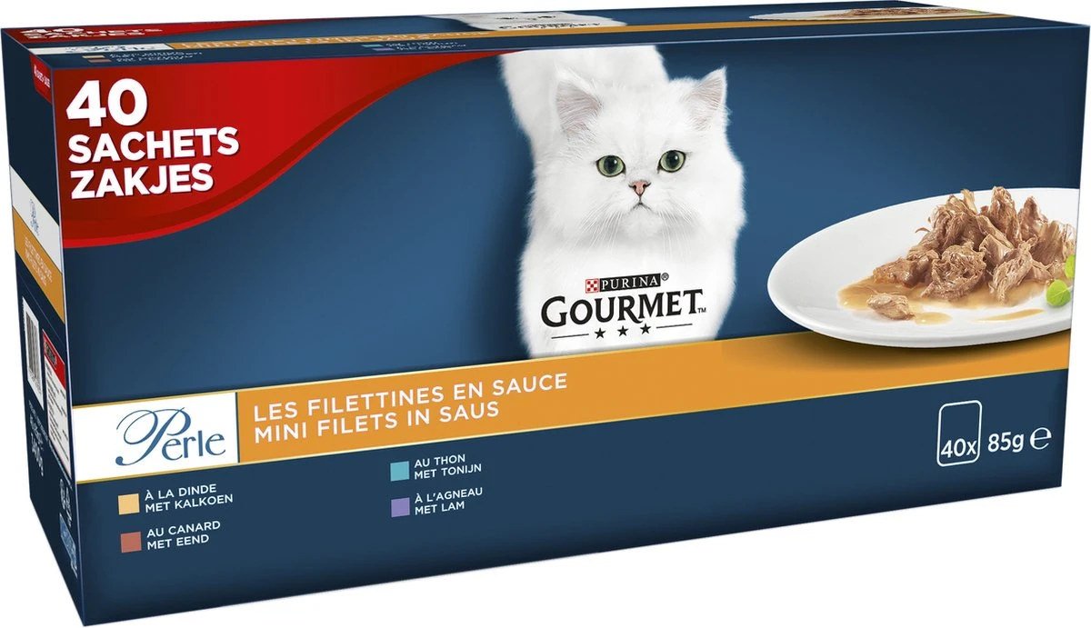 Purina One Purina Gourmet Perle - Mini Filets In Saus - Kalkoen Eend Tonijn & Lam - 40x85g 3 Purina One Purina Gourmet Perle - Mini Filets In Saus - Kalkoen Eend Tonijn & Lam - 40x85g