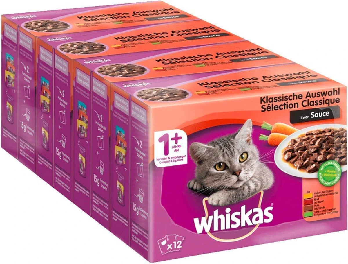 Whiskas Classic Selectie Kattenvoer, Hoogwaardig Nat Voer Voor Volwassen Katten 48 X 100g 4 Whiskas Classic Selectie Kattenvoer, Hoogwaardig Nat Voer Voor Volwassen Katten 48 X 100g - Afbeelding 2