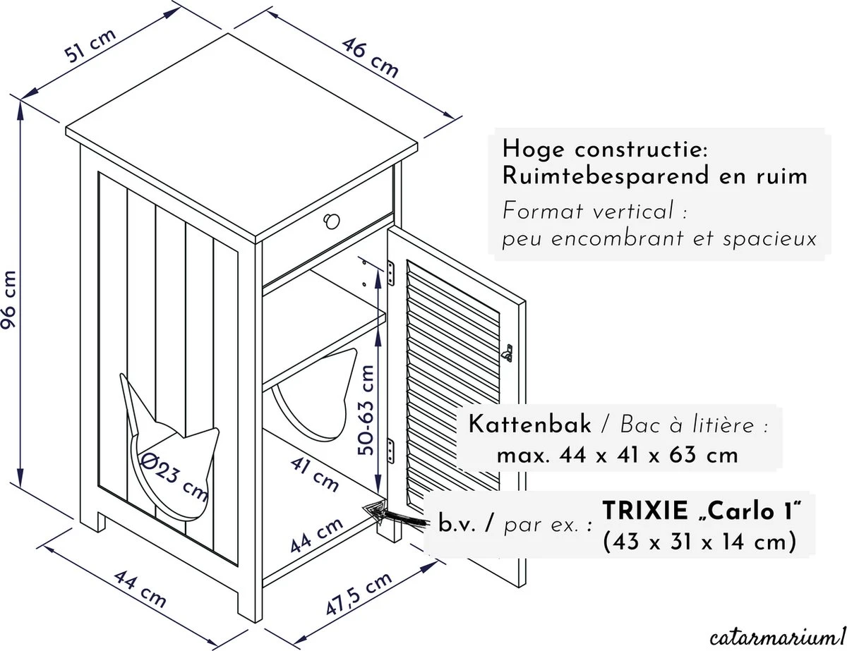 WONDERMAKE® Grote Kattenkast Houten Voor Kattenbak Kattentoilet, XL-kattenbak Dressoir Kastje Met Schuiflade, Designer Kattenhuis Met Kattenhol Kattenbakkast, Kasten Kast Voor Katten Binnen Hoog, 51 X 46 X 96 Cm, Wit 9 WONDERMAKE® Grote Kattenkast Houten Voor Kattenbak Kattentoilet, XL-kattenbak Dressoir Kastje Met Schuiflade, Designer Kattenhuis Met Kattenhol Kattenbakkast, Kasten Kast Voor Katten Binnen Hoog, 51 X 46 X 96 Cm, Wit - Afbeelding 7