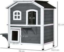PawHut Kattenhuis Voor Buiten Kattenhut Met 2 Verdiepingen Kattenvilla, Asfaltdak, Massief Hout Grijs D30-236 17 PawHut Kattenhuis Voor Buiten Kattenhut Met 2 Verdiepingen Kattenvilla, Asfaltdak, Massief Hout Grijs D30-236 -Kattenproducten 1200x983 3