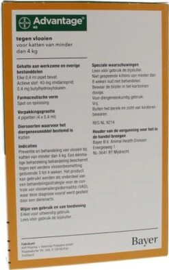 Bayer Advantage 40 Tegen Vlooien - <4kg - 4 X 0,4 Ml - Adult 30 Bayer Advantage 40 Tegen Vlooien - <4kg - 4 X 0,4 Ml - Adult -Kattenproducten 752x1200