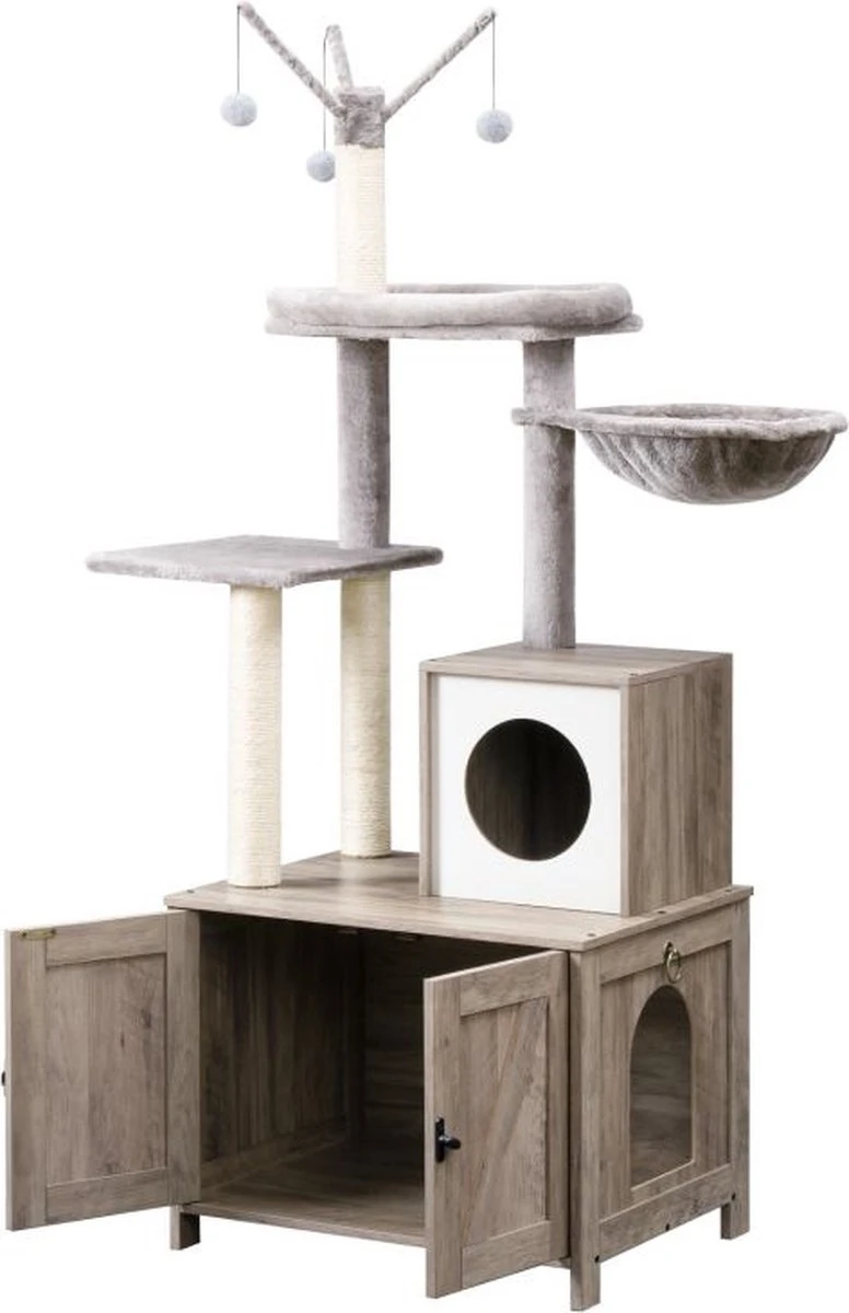Signature Home Catty Krabpaal Met Kattenbak - Kattenbakkast - Kattenhuis Met Deur En Slot - Krabpalen Met Hangmat Mand Katten Huis - Kattenbakmeubel Verborgen - Alles-in-één Kattenspeelgoed Met Kattenhuis - Grijs - 60cm X 150cm X 48cm 3 Signature Home Catty Krabpaal Met Kattenbak - Kattenbakkast - Kattenhuis Met Deur En Slot - Krabpalen Met Hangmat Mand Katten Huis - Kattenbakmeubel Verborgen - Alles-in-één Kattenspeelgoed Met Kattenhuis - Grijs - 60cm X 150cm X 48cm