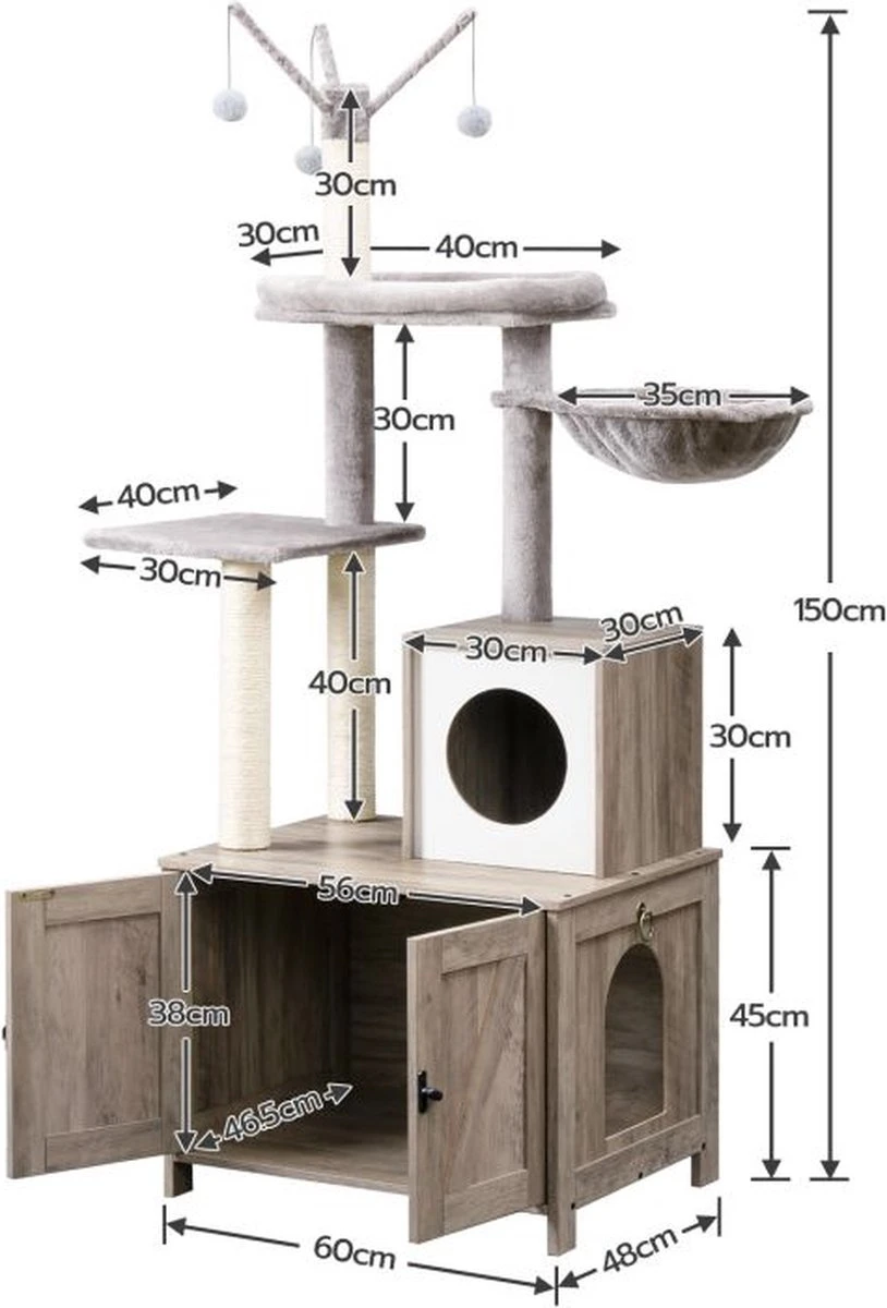 Signature Home Catty Krabpaal Met Kattenbak - Kattenbakkast - Kattenhuis Met Deur En Slot - Krabpalen Met Hangmat Mand Katten Huis - Kattenbakmeubel Verborgen - Alles-in-één Kattenspeelgoed Met Kattenhuis - Grijs - 60cm X 150cm X 48cm 6 Signature Home Catty Krabpaal Met Kattenbak - Kattenbakkast - Kattenhuis Met Deur En Slot - Krabpalen Met Hangmat Mand Katten Huis - Kattenbakmeubel Verborgen - Alles-in-één Kattenspeelgoed Met Kattenhuis - Grijs - 60cm X 150cm X 48cm - Afbeelding 4
