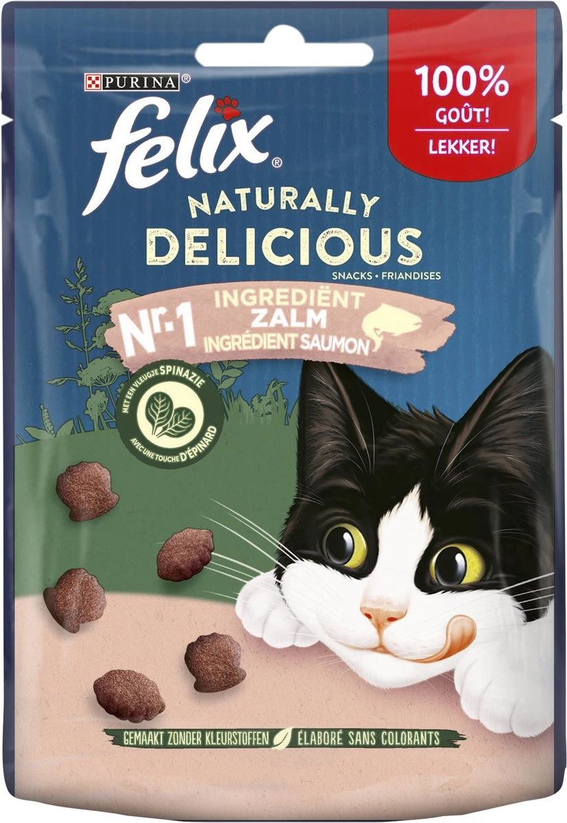 Felix Naturally Delicious Zalm & Spinazie - Kattensnacks - 8 X 50g 4 Felix Naturally Delicious Zalm & Spinazie - Kattensnacks - 8 X 50g - Afbeelding 2