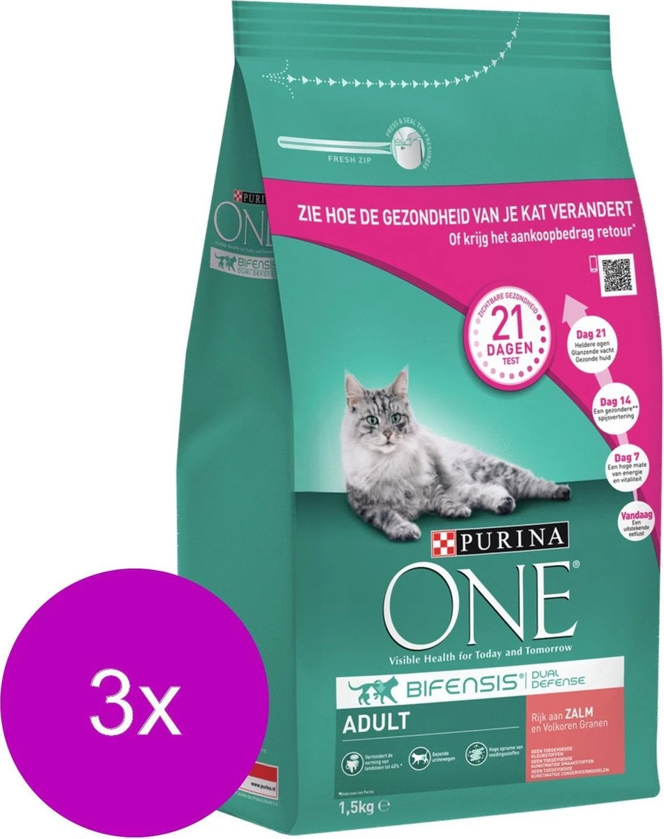 Purina One Adult Zalm&Granen - Kattenvoer - 3 X 1.5 Kg 4 Purina One Adult Zalm&Granen - Kattenvoer - 3 X 1.5 Kg - Afbeelding 2